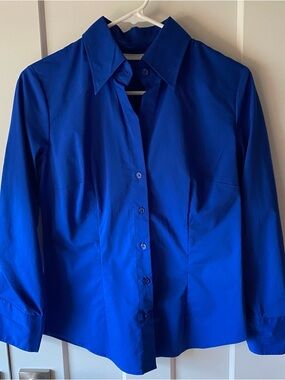 New York & Company Women’s Royal Cobalt Blue Ruched Sleeve Button-Down Shirt S
